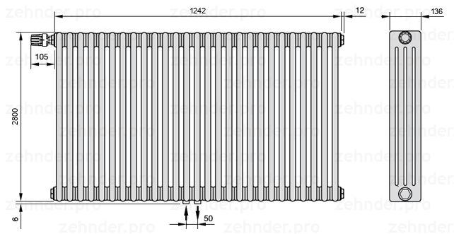 Схема (чертеж) Радиатор Zehnder Charleston 4280/27 №V007 Белый глянцевый RAL 9016